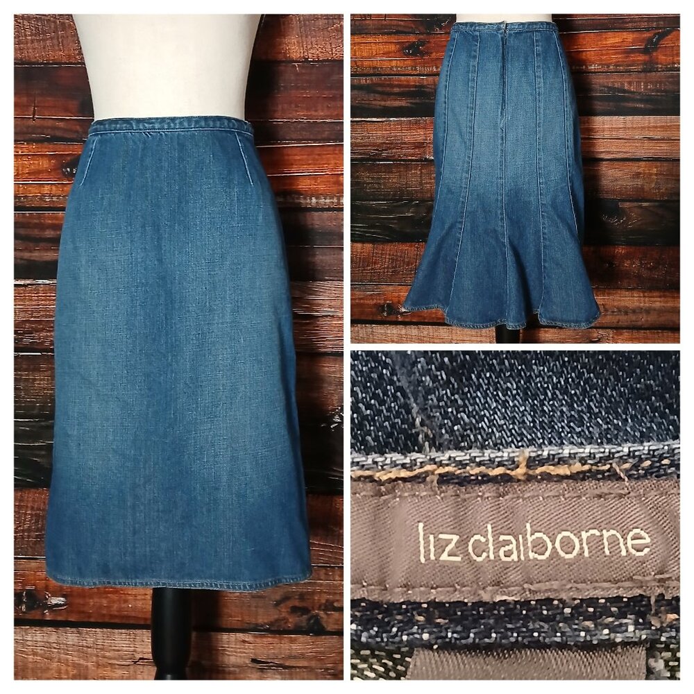 Liz Claiborne 10 Vintage Denim Jean Skirt Pleated Mermaid Flare Cotton